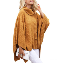 Wholesale Knitted Thick Chunky Custom Women's Chic Turtleneck Batwing Sleeve Asymmetric Knitted Poncho Winter Pullovers Sweater